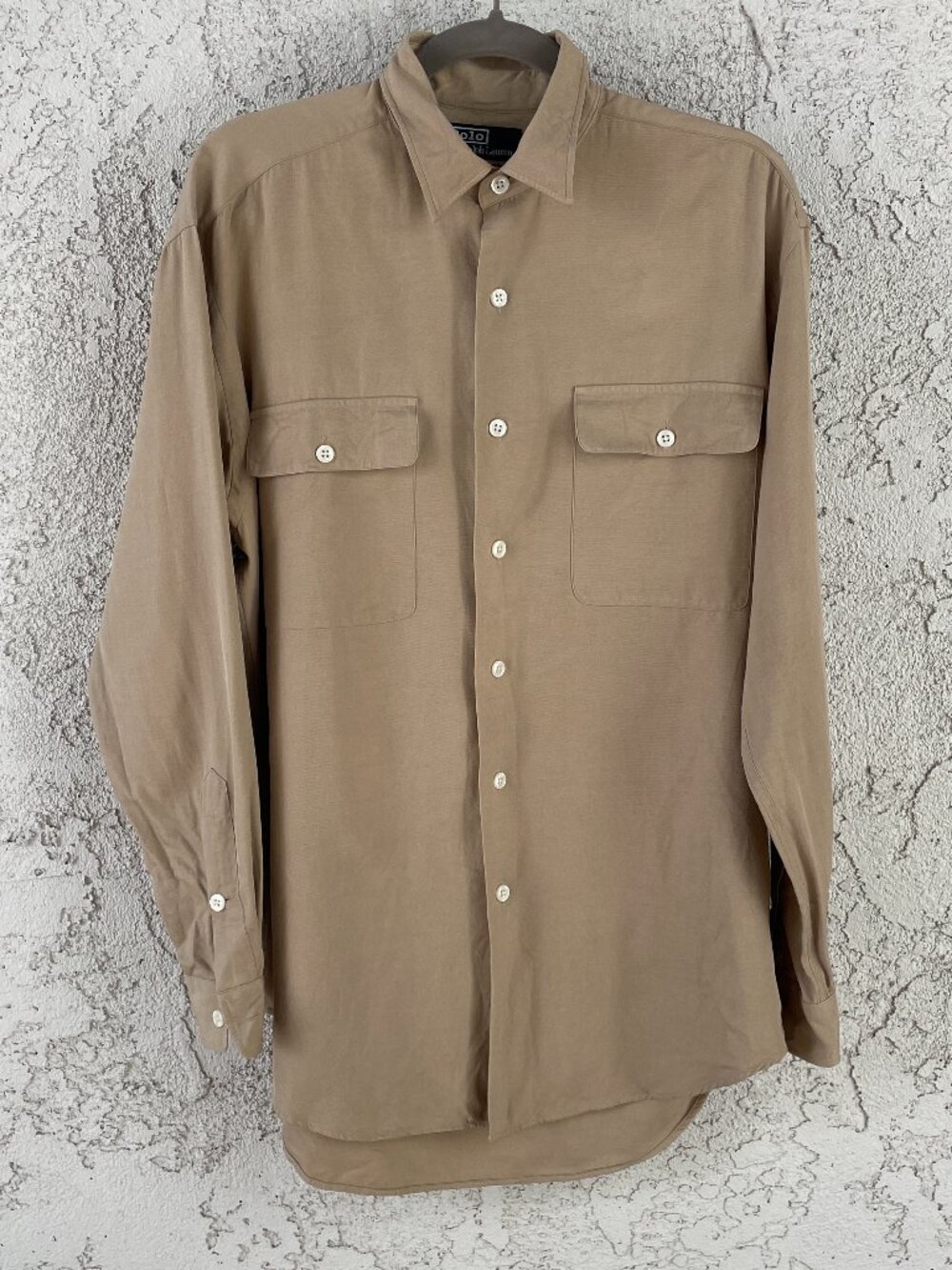 Vintage Polo Ralph Lauren Silk Benford Shirt Mens Large Tan Long Sleeve Safari